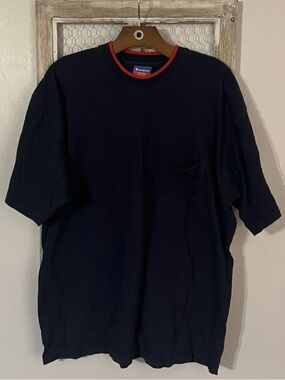 Champion Men’s Navy Short-Sleeve Pocket Tee with Red-Trim Collar